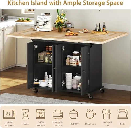 Vista 5 de 62.8" Rolling Kitchen Island with Drop Leaf Rubberwood Countertop, Mobile Kitchen Cart with Storage Cabinet & Lockable Wheel, Space-Saving Foldable