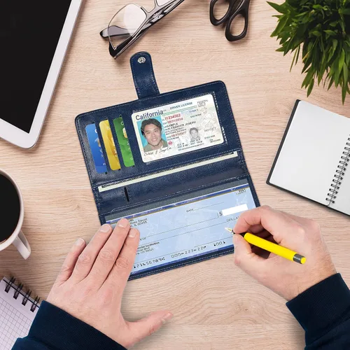 Vista 6 de Hoffi Fundas de chequera - Registros de cuero RFID para chequera personal, carteras para mujeres y hombres con funda para chequera (azul)