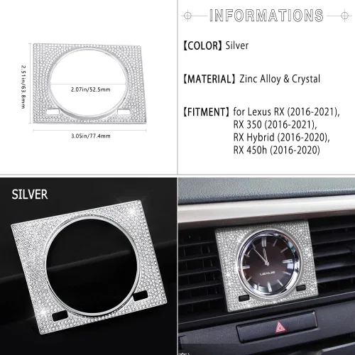 Vista 3 de 1797 Bling Car Accessories for Lexus RX 2016-2022 350 450h Hybrid Interior Clock Frame Cover Sticker Trim Cristales Metal Plata