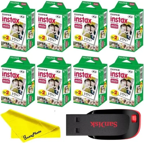 Vista 6 de Fujifilm Película Instax Mini para cámara instantánea con unidad flash USB Sandisk de 32 GB + 2 paquetes mini dobles (40 hojas) y paño de limpieza