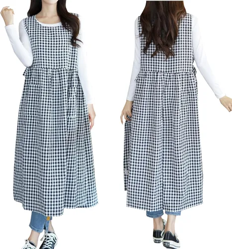 Vestido de delantal a cuadros, delantal japonés de lino y algodón con espalda cruzada para mujer con bolsillos, vestido corto con lazos en la cintura