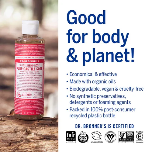 Vista 5 de Dr. Bronner's - Jabón líquido puro de Castilla (rosa, 16 onzas) - Hecho con aceites orgánicos, usos 18 en 1: cara, cuerpo, cabello, lavandería