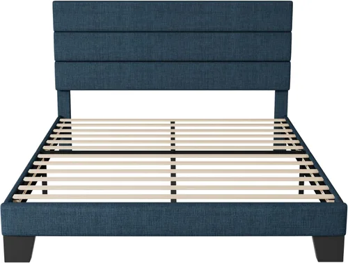 Vista 42 de Allewie - Base de cama tamaño King con cabecera tapizada en tela y soporte de listones de madera; base de colchón completamente tapizada; no Azul