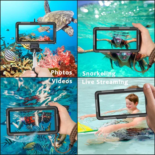 Vista 14 de Funda de teléfono de buceo subacuático para esnórquel, profesional de 50 Violeta Negro