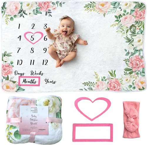 Manta de hitos para bebé, manta de forro polar súper suave para bebé niña - Niño - Perfecta para flores rosas del primer año - Grande 60 x 40