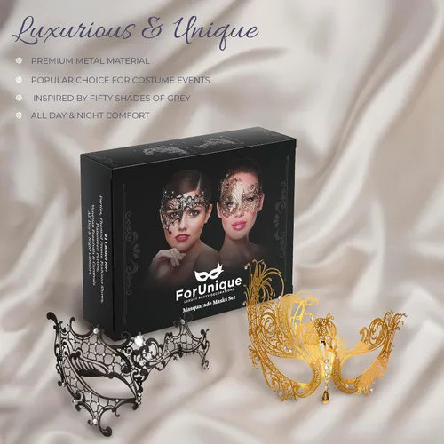 Vista 24 de Masquerade Mask for Couples Women and Men - 3 Pack Venetian Gold and Black Lace, Mardi Gras Mask
