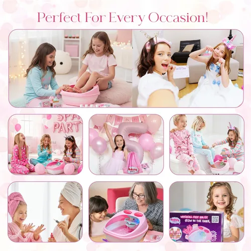Vista 6 de Kit de día de spa para niñas Bubbly Girlz con brillo en la oscuridad, más de 42 piezas de juguetes de spa para pies con cascada, kit de spa de uñas