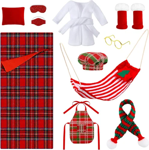 Vista 10 de Kacctyen 11 piezas de saco de dormir accesorio de Navidad incluye muñeca de Navidad, saco de dormir, albornoz, delantal, sombrero de chef, bufanda