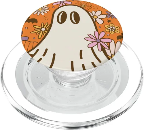 Vista 8 de PopSockets de Halloween con fantasma floral hippie retro de los años 70