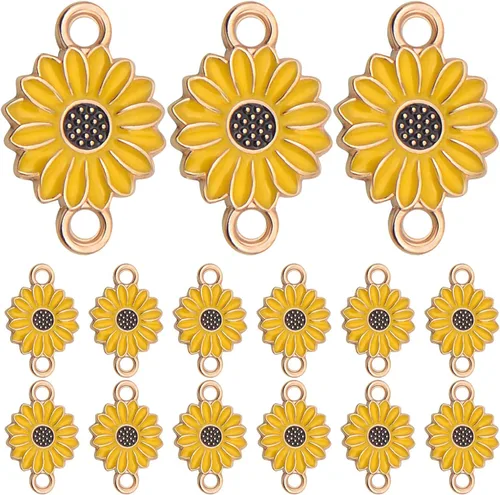 30 dijes de flores esmaltadas, eslabones de aleación amarilla, girasol, margarita, flores, colgantes, con doble bucle, para manualidades, pulseras,