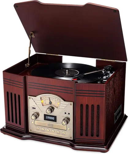 ClearClick Tocadiscos todo en uno con reproductor de discos de 3 velocidades, Bluetooth, CD, cinta de casete, radio AM/FM, auxiliar, USB, altavoces