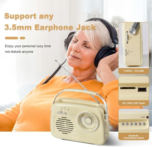 Vista 3 de Radio FM portátil Bluetooth AM, adecuada para el hogar, al aire libre/cocina, funciona con pilas, pared, montado, radio retro, esfera grande para un