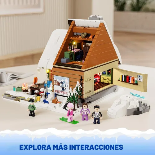 Vista 5 de FUNWHOLE Juego de ladrillos de construcción de iluminación de cabaña de esquí de Navidad, colección retro de casa de nieve de invierno, luz LED