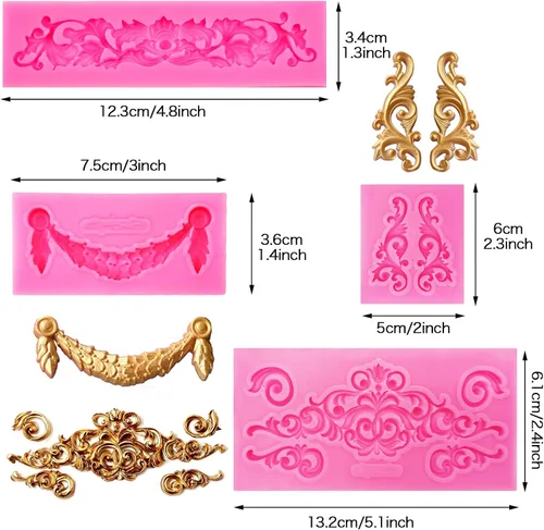 Vista 2 de Moldes de silicona para fondant de encaje de estilo barroco, 7 piezas, molde de flores de alivio, molde de filigrana esculpido en 3D para decoración