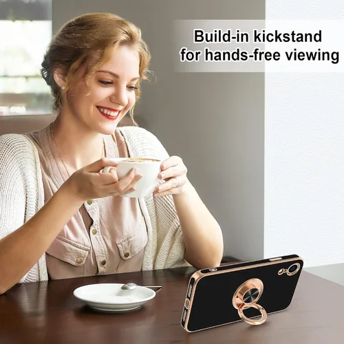 Vista 7 de Hython Funda para iPhone XR con soporte de anillo [soporte de anillo giratorio de 360° con soporte magnético] chapado en oro rosa brillante borde