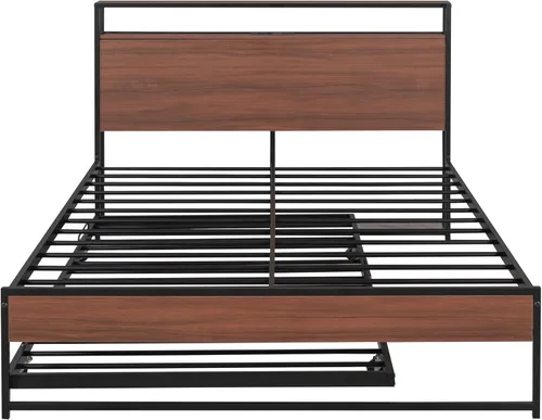 Vista 7 de Harper & Bright Designs Cama de plataforma matrimonial con nido de tamaño individual, puertos USB y soporte de listones de acero, marco de cama