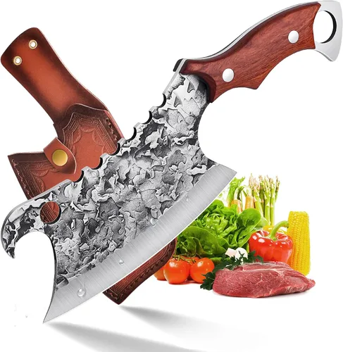 Vista 11 de ROCOCO - Cuchillo de carnicero para carne con vaina - Cuchillo de corte de carne forjado a mano con funda para BBQ al aire libre, camping, idea
