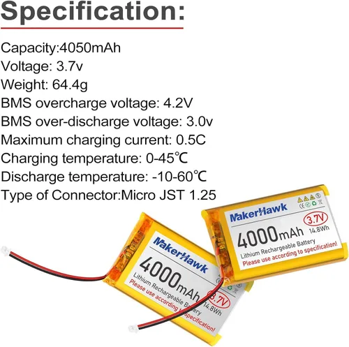 Vista 3 de MakerHawk Batería LiPo de 3.7 V 4000 mAh recargable 1S 124065 Batería de polímero de litio con placa de protección cinta de goma aislada, enchufe