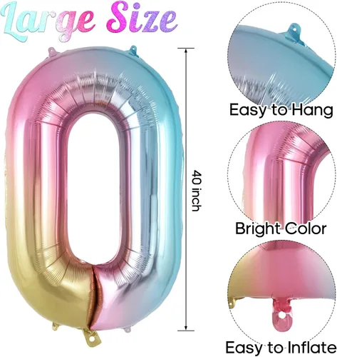 Vista 3 de Globo de número 0 con degradado de arcoíris, globos grandes de aluminio de 40 pulgadas, globos gigantes de Mylar número 0 para decoraciones