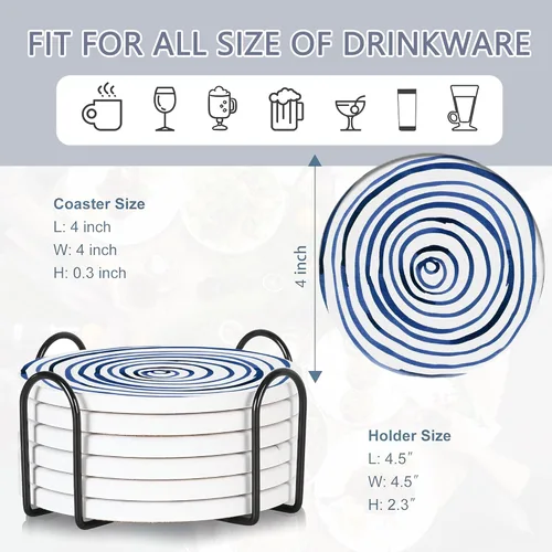 Vista 2 de Juego de 6 posavasos con soporte, posavasos de cerámica absorbentes de la serie acuarela azul con base de corcho, se adaptan a todas las tazas, gran