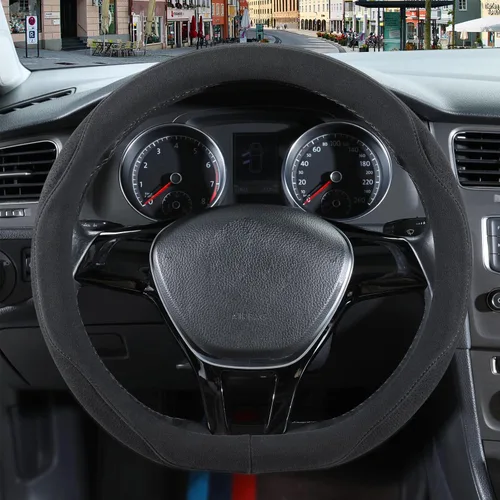 Vista 2 de Funda para volante en forma de D de gamuza negra de 14 pulgadas, transpirable, antideslizante, a prueba de sudor, resistente al desgaste, sin