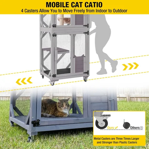 Vista 2 de Cat House - Catio al aire libre para catis móvil con ruedas, jaula grande para gatos con cubierta impermeable, casa de descanso, 62.8 pulgadas