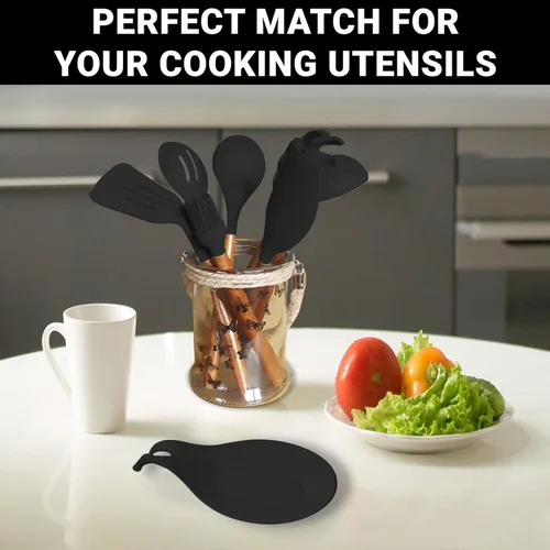 Vista 9 de Reposacharas de silicona NEGRO para estufa, juego de 2 – RESISTENTE AL CALOR APTO PARA LAVAVAJILLAS, soporte para utensilios de cocina