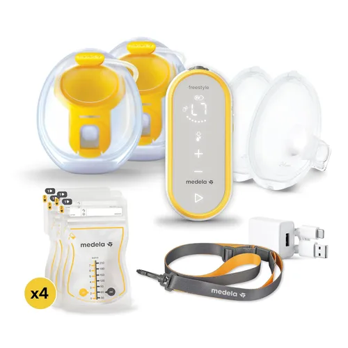 Medela Freestyle - Extractor de leche eléctrico doble manos libres con copas portátiles, conectividad de aplicaciones, diseño portátil y discreto