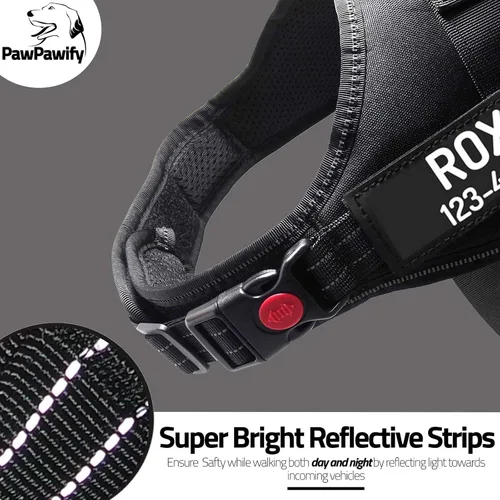 Vista 4 de Arnés de perro personalizado anti tirón con nombre y número de teléfono personalizados de PawPawify, arnés resistente para evitar tirones, Negro
