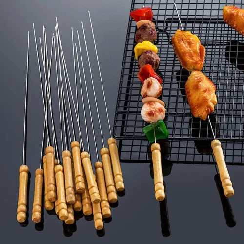 Vista 6 de Utoolmart Pinchos de barbacoa de acero inoxidable, palitos reutilizables para barbacoa, mango de madera para barbacoa, camping, utensilios