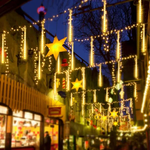 Vista 2 de SANJICHA Paquete de 2 luces de Navidad extensibles de lluvia de meteoritos al aire libre, 16 tubos 384 LED enchufables para decoración de Navidad