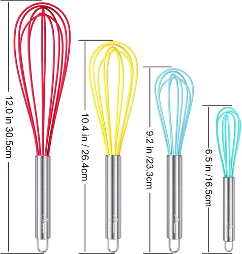 Vista 3 de HOTEC Juego de 4 batidores de silicona, batidores de globo de alambre para cocinar batidor de huevos, batidor de mango antideslizante