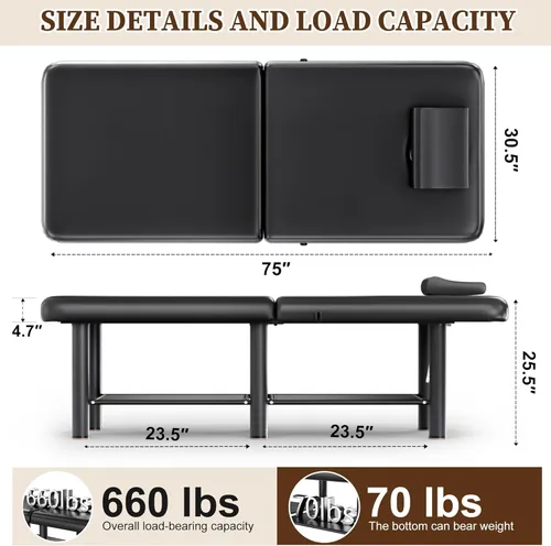 Vista 5 de Mesa de masaje plegable estacionaria, mesa de tratamiento con respaldo ajustable y gran espacio de almacenamiento, amplia mesa de masaje con marco