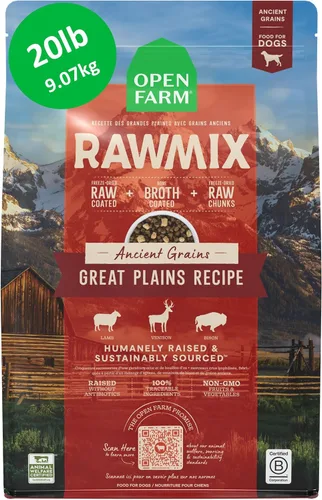 Vista 8 de Open Farm, alimento seco RawMix para perros con granos ancestrales, croquetas llenas de proteínas cubiertas en caldo de huesos con trozos crudos