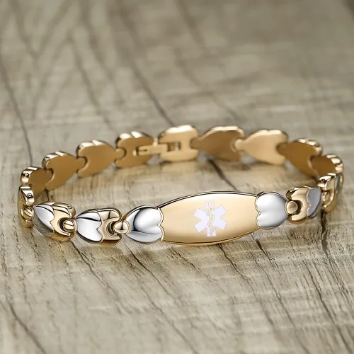Vista 2 de Pulseras de alerta médica de moda encantadora con grabado gratuito Pulsera médica de identificación médica de doble corazón para mujeres