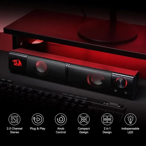 Vista 2 de Redragon GS550 - Altavoces para juegos de PC, barra de sonido de computadora de escritorio de 2.0 canales con tamaño maniobrable compacto, conector