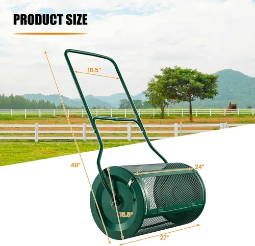 Vista 2 de Goplus Esparcidor de compost de 24 pulgadas, esparcidor de turba con mango en forma de U mejorado, pestillos laterales, rodillo de malla metálica
