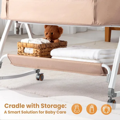 Vista 8 de JOYMOR Cuna 3 en 1 para bebé, cuna junto a la cama para bebé, con colchón cómodo y ruedas, cuna portátil plegable fácil de ajustar en 6 alturas