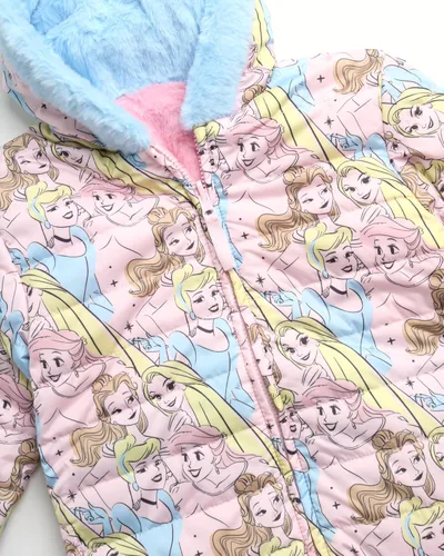 Vista 4 de Disney Chaqueta reversible de princesa para niña, abrigo acolchado con capucha y forro de piel sintética (2T-16)