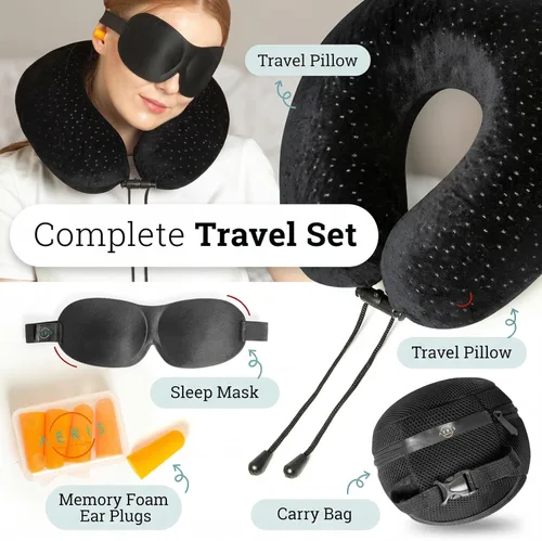 Vista 5 de Almohada de cuello para viaje Aeris, la mejor almohada de viaje para dormir de aviones con una bolsa portátil, con una funda de terciopelo