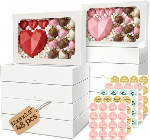 Vista 13 de 20 cajas de galletas con ventana de 12 x 8 x 2.5 pulgadas, cajas grandes de panadería, caja de regalo desplegable automática para postres, fresas