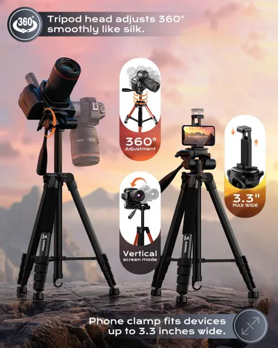 Vista 5 de Soporte de trípode para cámara de 73 pulgadas, trípode de aluminio con soporte para teléfono, bolsa de viaje, compatible con GoPro/DSLR/teléfono