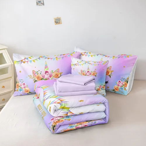 Vista 5 de Juego de sábanas de edredón de unicornio morado, tamaño matrimonial, 8 piezas, cama en una bolsa con 1 edredón, 4 fundas de almohada, 1 sábana