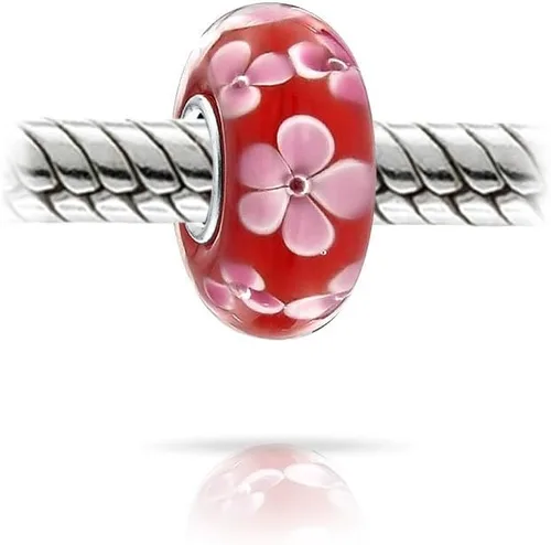 Vista 2 de Núcleo de plata de ley 925 de cristal de Murano, floral, azul, verde, rosa, rojo, negro, blanco, flor espaciador, abalorio para pulsera europea