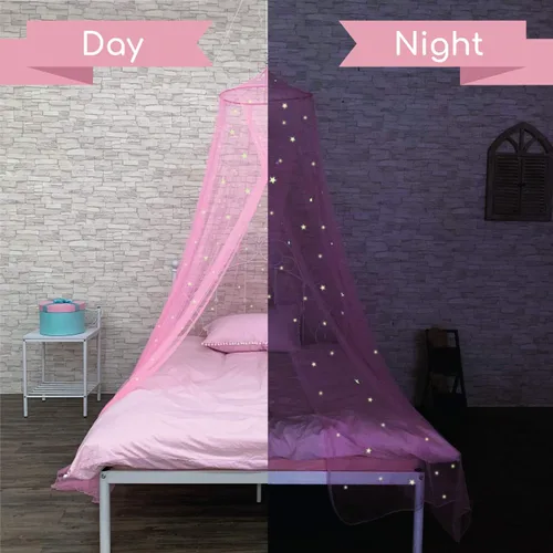 Vista 4 de Bollepo Toldo de cama rosa y morado para niñas con estrellas brillantes – Decoración de habitación de red de cuna de princesa Cortinas de cama