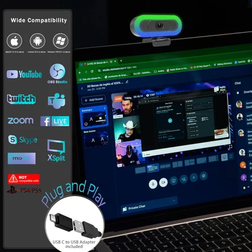 Vista 6 de Cámara web de PC 2K con micrófonos duales/luz de anillo/luz RGB de llenado/cubierta, 65° FOV, cámara de computadora USB C Plug and Play, cámara web