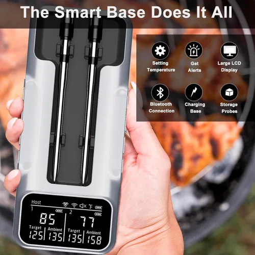Vista 4 de Termómetro inalámbrico de doble sonda para carne, para asar a la parrilla, ahumar, barbacoa, termómetro inteligente habilitado con Bluetooth con 2