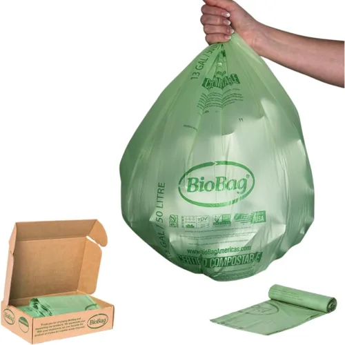 Vista 10 de Bolsas de basura compostables con cordón de 1.2 galones para restos de alimentos de BioBag, 80 unidades, certificadas por BPI, cumplen