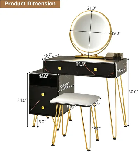 Vista 7 de CHARMAID Escritorio de tocador con armario lateral reversible, mesa de tocador de maquillaje con espejo iluminado, 3 luces de color, 4 cajones