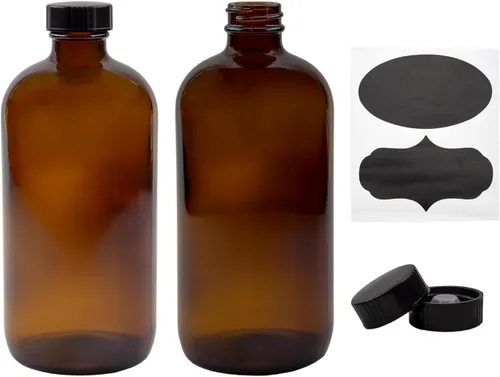 Cornucopia Brands Botellas de vidrio ámbar de 16 onzas con etiquetas de tiza reutilizables y tapas (paquete de 2) botellas redondas Boston marrón